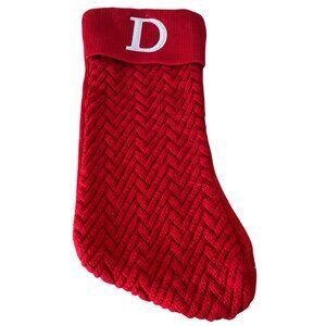 Red Knit Christmas Stocking w White Embroidered D Monogram Chevron Pattern Dad